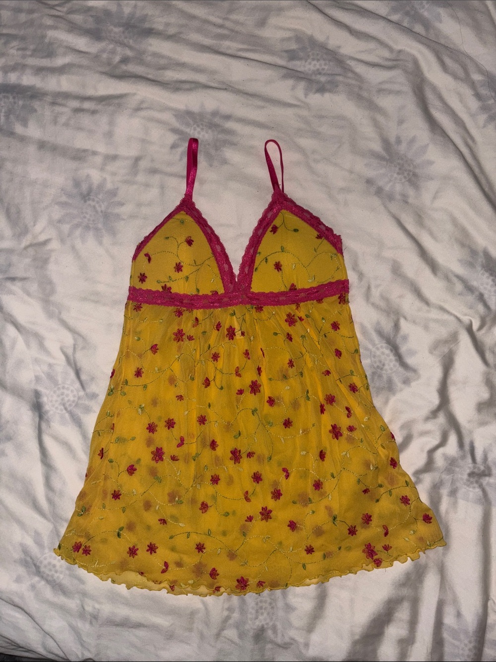 Victorias Secret Floral Embroidered Yellow & Sheer Chemise, S